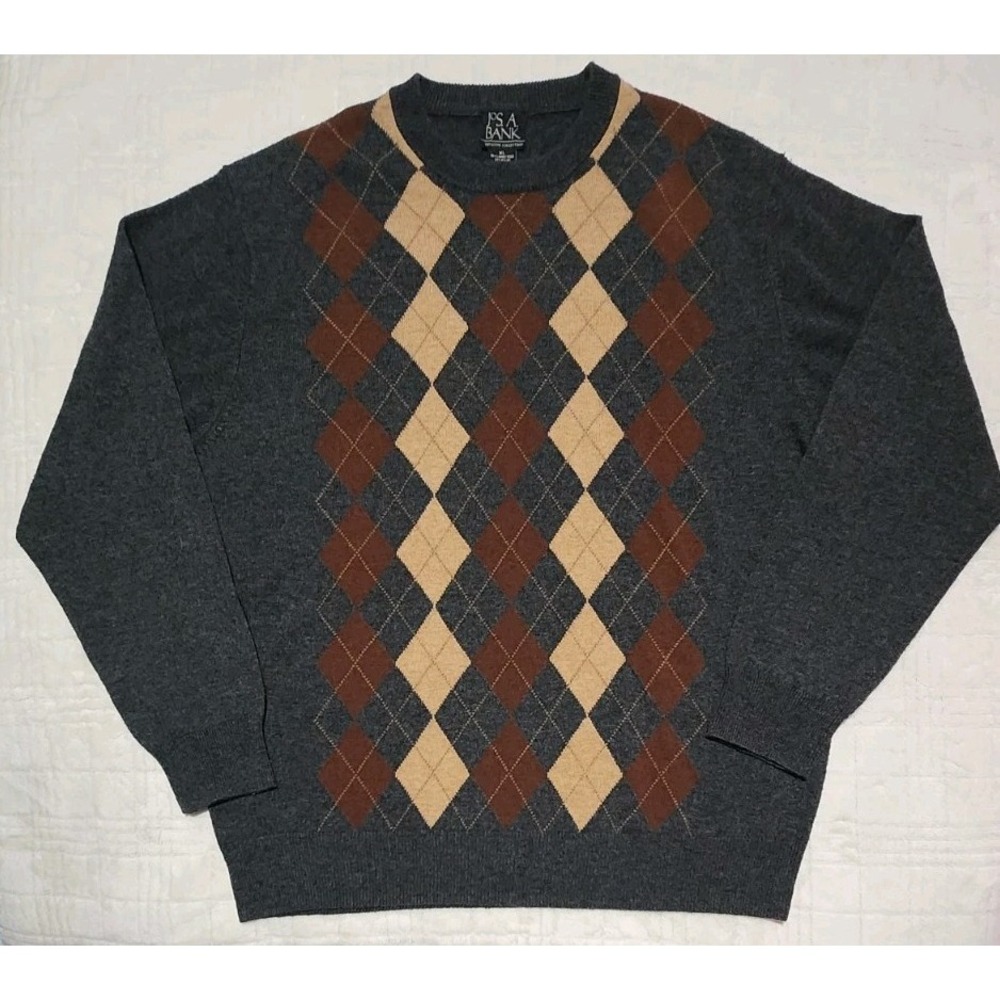 Jos A Bank Lambswool Blend Sweater Men's Sz XL Preppy Gray Argyle‎ Academic